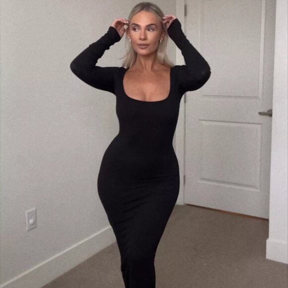 Skims Soft Lounge Long Sleeve Dress Ribbed Onyx Black Size 2XL - Picture 3 of 7